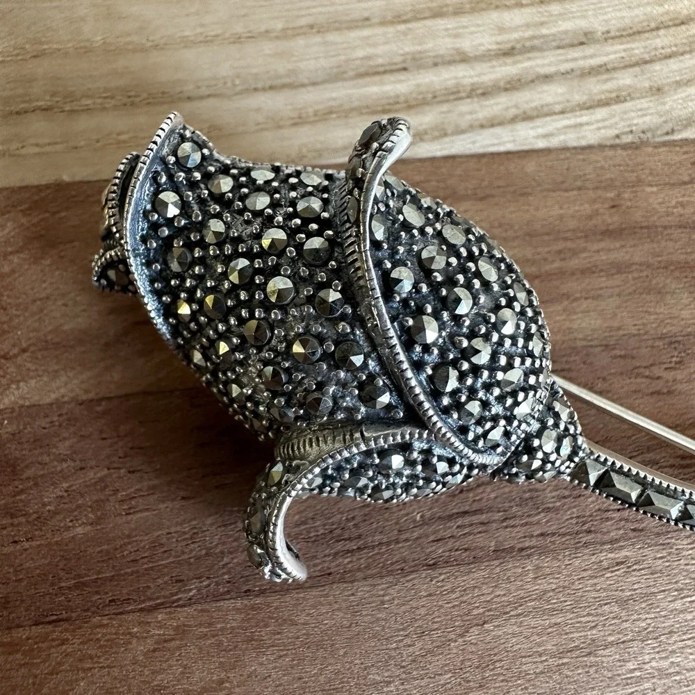 VTG Sterling Silver 925 Marcasite Rose Tulip Flower Brooch 3 Inch 11.3g Deco MCM